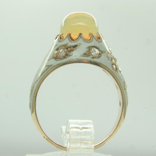 44 - 18ct gold enamelled ring, set with rose cut diamonds and a large cabochon opal, size N, unmarked, 7.... 