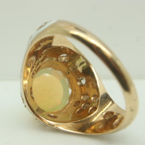 44 - 18ct gold enamelled ring, set with rose cut diamonds and a large cabochon opal, size N, unmarked, 7.... 