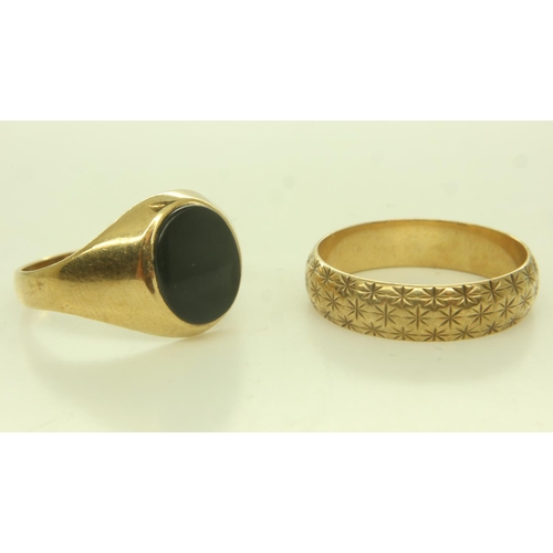 50 - Two 9ct gold rings: decorated band ring size P, 2.9g and an onyx-set signet ring, shank mis-shapen, ... 