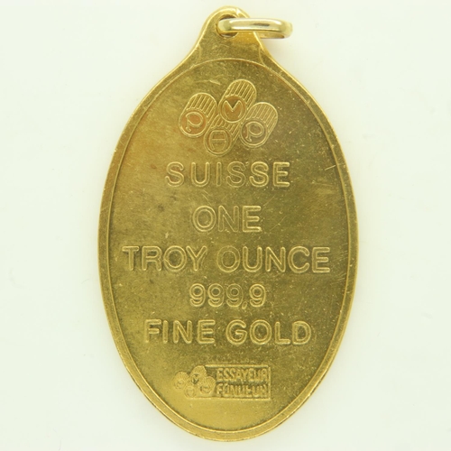 6 - Produits Artistiques Métaux Précieux (PAMP): A 24ct gold one-troy-ounce fine gold pendant, oval and ... 