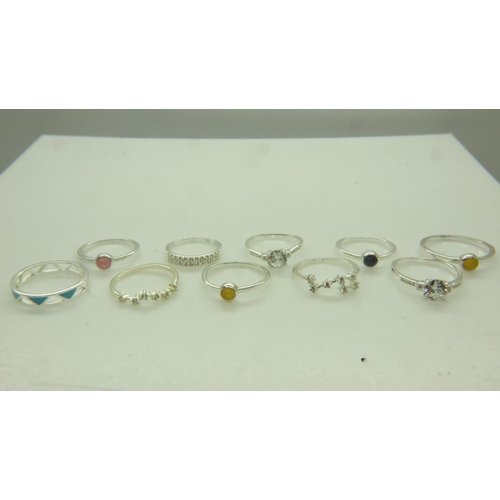 57 - Ten 925 silver stone-set and enamelled rings. UK P&P Group 0 (£6+VAT for the first lot and £1+VAT fo... 