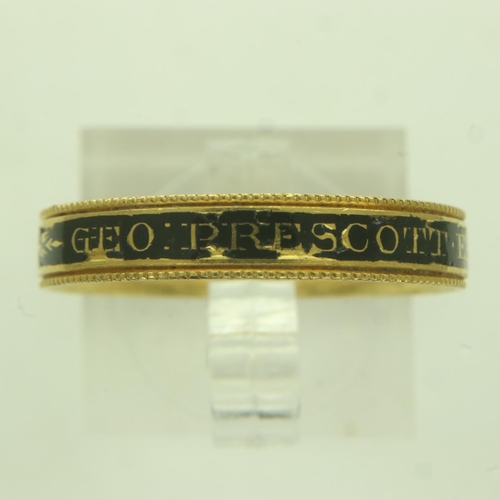 61 - Georgian enamelled 22ct gold mourning band, George Prescot Esquire died aged 78, 1790, size R, 4.7g.... 