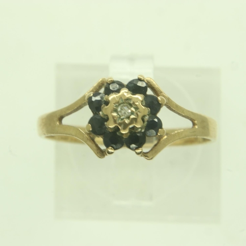 68 - 9ct gold diamond and sapphire set cluster ring, size K, 1.4g. UK P&P Group 0 (£6+VAT for the first l... 