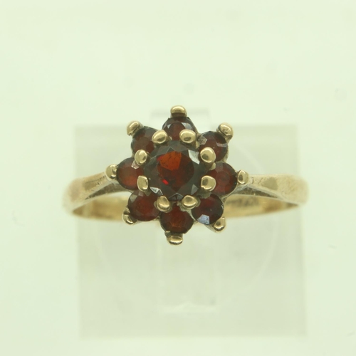 70 - 9ct gold garnet set cluster ring, size M, 2.0g. UK P&P Group 0 (£6+VAT for the first lot and £1+VAT ... 