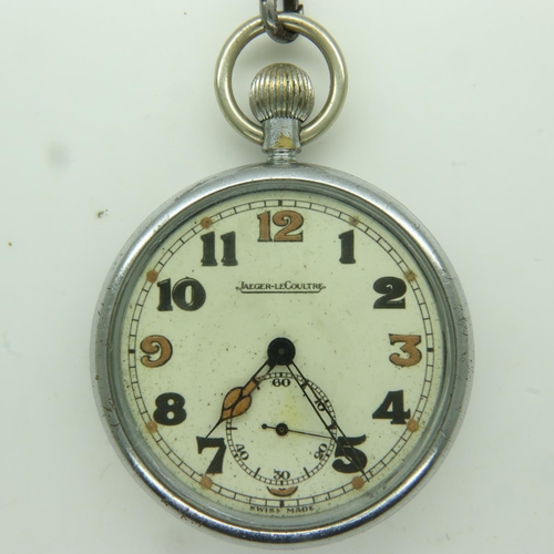 102 - JAEGER LE COULTRE: WWII chromium cased crown-winding pocket watch, with luminescent hands and quarte... 