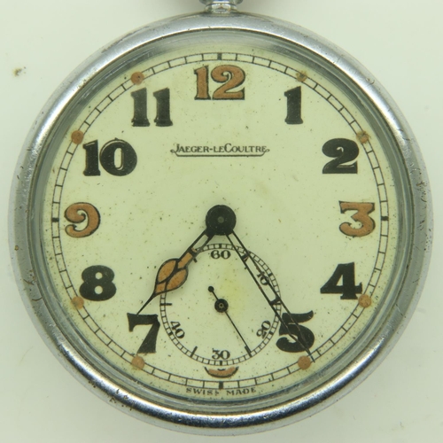 102 - JAEGER LE COULTRE: WWII chromium cased crown-winding pocket watch, with luminescent hands and quarte... 