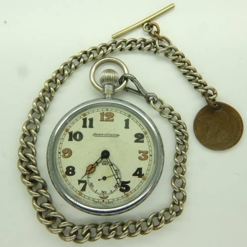 102 - JAEGER LE COULTRE: WWII chromium cased crown-winding pocket watch, with luminescent hands and quarte... 