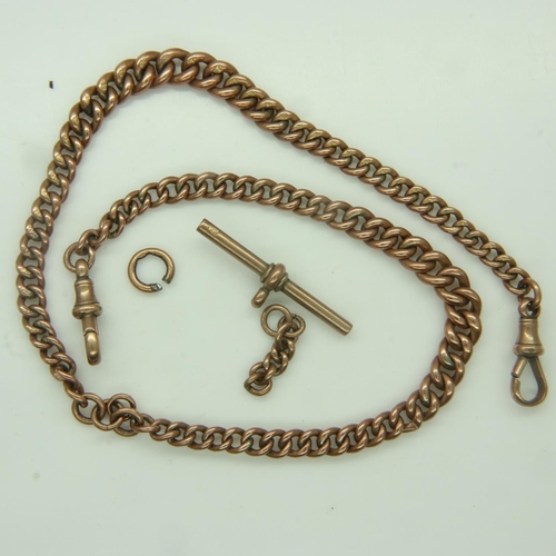 104 - A 9ct gold graduated double Albert watch chain, with two clips and (loose) T-bar, L: 38 cm, 19.1g. U... 