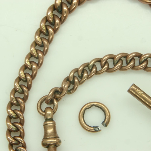 104 - A 9ct gold graduated double Albert watch chain, with two clips and (loose) T-bar, L: 38 cm, 19.1g. U... 