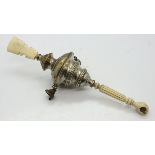 110 - Victorian silver plated infant rattle, mounted with bone teether and and whistle. UK P&P Group 1 (£1... 