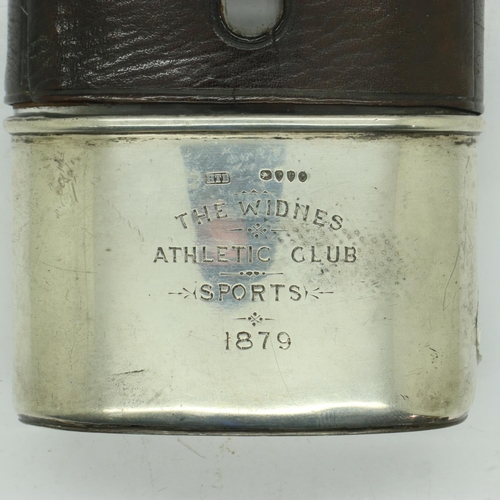 111 - Victorian leather-bound hallmarked hip flask with hallmarked silver cup by Brockwell & Son, inscribe... 