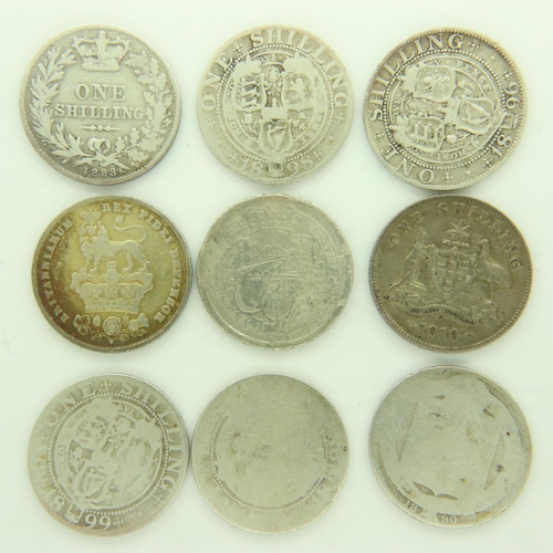 141 - George IV and later silver shillings (9). UK P&P Group 0 (£6+VAT for the first lot and £1+VAT for su... 