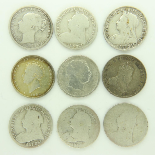 141 - George IV and later silver shillings (9). UK P&P Group 0 (£6+VAT for the first lot and £1+VAT for su... 