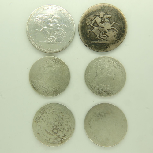 144 - Two Georgian silver crowns and four Victorian silver half crowns. UK P&P Group 0 (£6+VAT for the fir... 