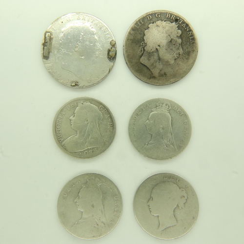 144 - Two Georgian silver crowns and four Victorian silver half crowns. UK P&P Group 0 (£6+VAT for the fir... 