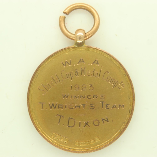 154 - WARRINGTON ANGLERS ASSOCIATION: a 9ct gold Shield, Cup & Medal Competition 1923 winners medal named ... 