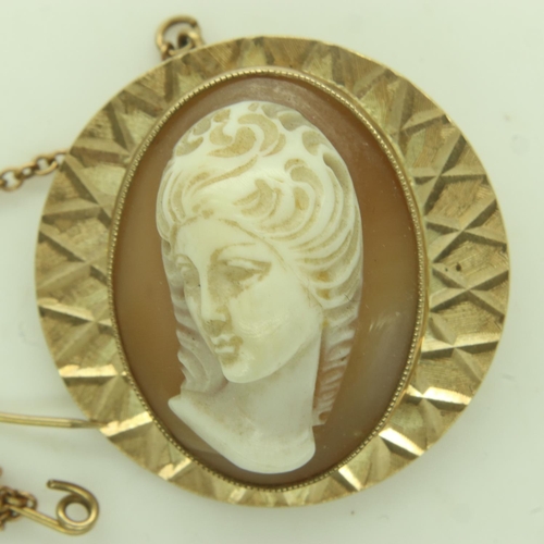 73 - A 9ct gold brooch set with a carved oval shell cameo portrait, 8.4g. UK P&P Group 0 (£6+VAT for the ... 