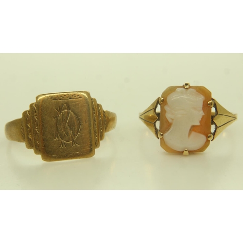 82 - A 9ct gold ring set with a carved shell cameo portrait, with a further mis-shapen 9ct gold signet ri... 