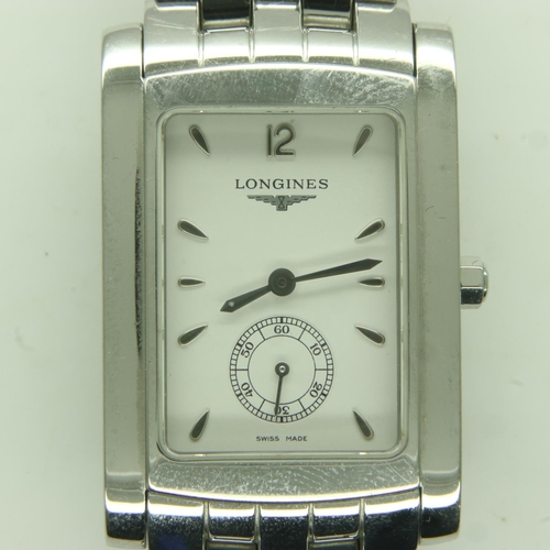 88 - LONGINES: A modern gents steel cased wristwatch, tank style with subsidiary seconds dial, requires b... 