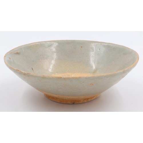 238 - Ming period celadon glazed bowl, tapering and footed, with repairs, D: 16 cm. UK P&P Group 1 (£16+VA... 