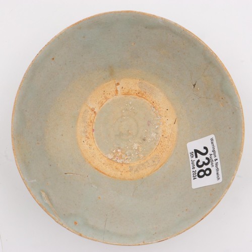 238 - Ming period celadon glazed bowl, tapering and footed, with repairs, D: 16 cm. UK P&P Group 1 (£16+VA... 