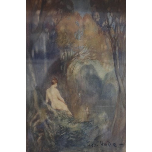 2054A - George Hyde Pownall (1876-1932): watercolour, nude in a garden setting with fairy, 18 x 28 cm. Not a... 