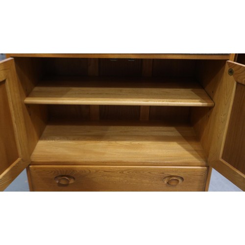 2116 - Ercol Golden Dawn elm bureau, with fall-front, fitted interior and cupboard base, 82 x 45 x 110 cm H... 