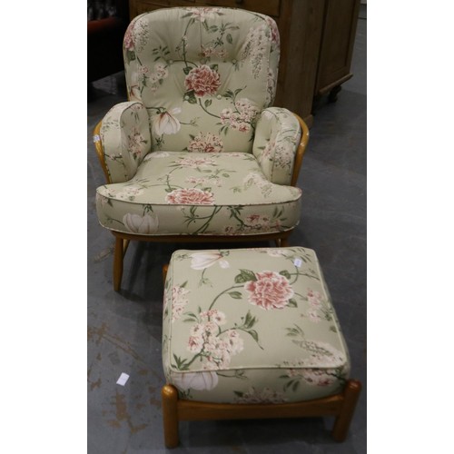 2125 - An Ercol blonde elm framed lounge chair, with an Ercol footstool upholstered in matching fabric. Not... 