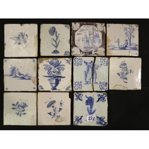 222 - Eleven early Delft tiles, all have damages/repairs. UK P&P Group 2 (£20+VAT for the first lot and £4... 