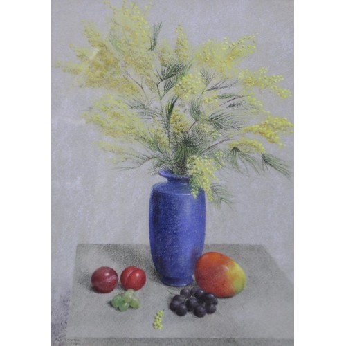 2030A - Allan Cownie (1927-2015): pastels on paper, Still Life with Mimosa and Royal Lancastrian Vase, 39 x ... 