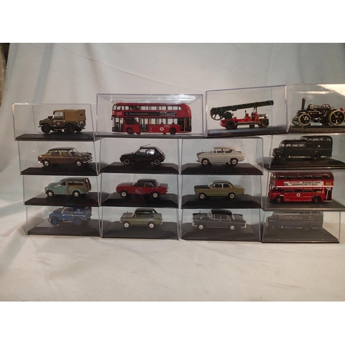2102 - Sixteen boxed cars, buses, steam etc, Corgi, Oxford etc, mostly excellent condition, in plastic disp... 
