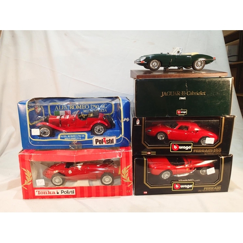 2105 - Five 1/18 scale diecast vehicles, Polistil Maserati 250 F, Alfa 6C, Burago Ferrari 250 Testa Russa, ... 