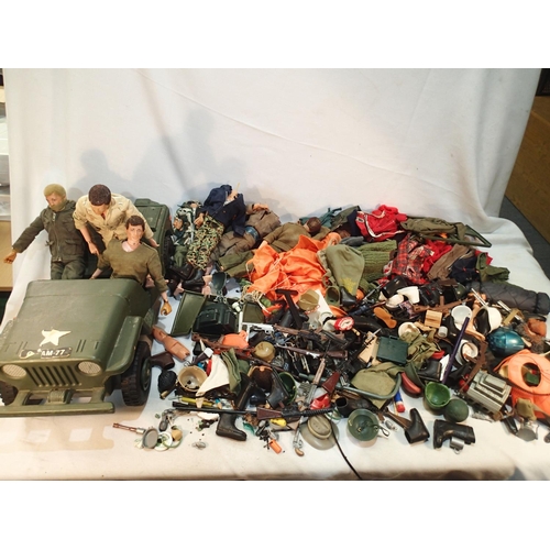 2112 - Three vintage Action Man dolls, plus part dolls, Jeep, and quantity of Action Man accessories, guns,... 