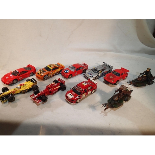 2127A - Ten Scalextric slot cars, including F1, rally, road, and two Star Wars related, mostly very good con... 