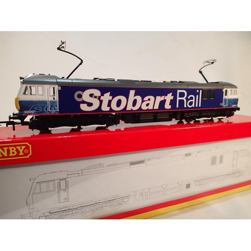2163 - Hornby R3057 class 92 electric, 92017, Stobart Rail livery, near mint condition, storage wear to box... 