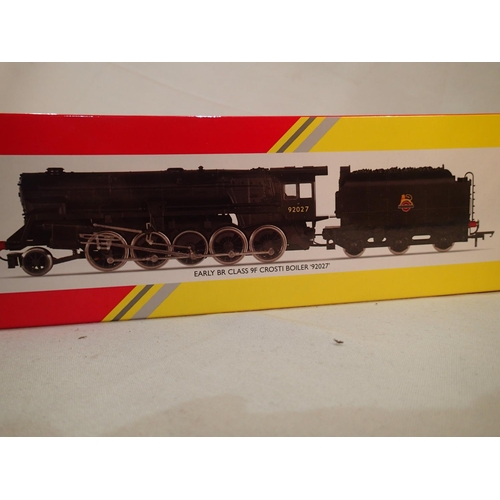 2170 - Hornby R3273, class 9F, with Crosti boiler, 92027, black, early crest, near mint condition, boxed. U... 