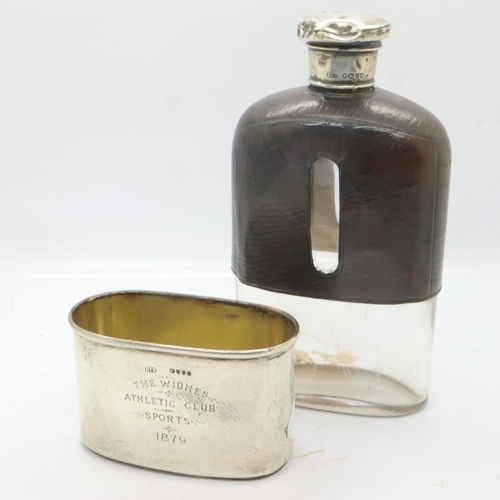 113 - Victorian leather-bound hallmarked hip flask with hallmarked silver cup by Brockwell & Son, inscribe... 