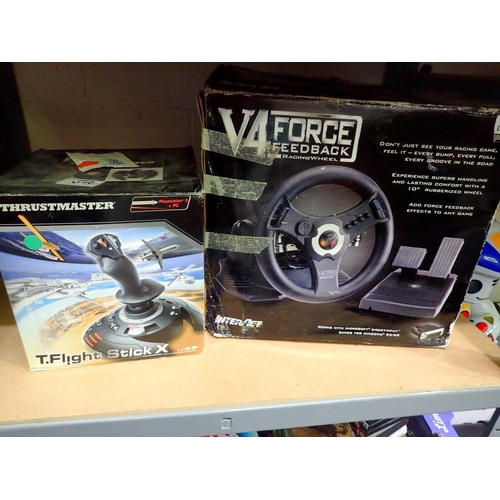 1063 - V4 force feedback racing wheel and Thurstmaster T. flight stick, both boxed. Not available for in-ho... 