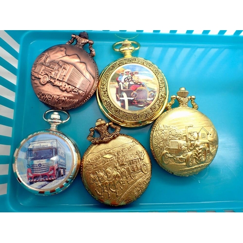 1111 - Five pocket watches with transport themed cases, all working at lotting up. UK P&P Group 1 (£16+VAT ... 