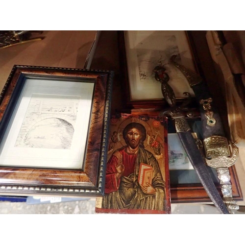 1316 - Two dagger letter openers, framed picture and an Icon. Not available for in-house P&P