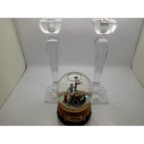 1331 - Pair of Galway glass candlesticks and a snow globe. Not available for in-house P&P