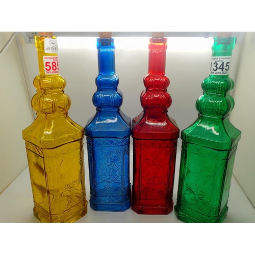 1345 - Four coloured glass bottles with corks. Not available for in-house P&P