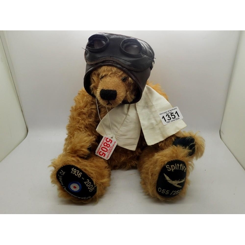 1351 - Charlie Bears 70 years commemorative Spitfire bear with leather flying helmet. UK P&P Group 1 (£16+V... 