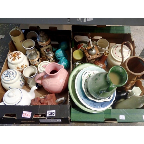 1363 - Two boxes of mixed ceramics to include Sadler and steins. Not available for in-house P&P