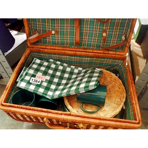 1364 - Wicker basket with picnic contents, H: 20 cm, W: 46 cm. Not available for in-house P&P