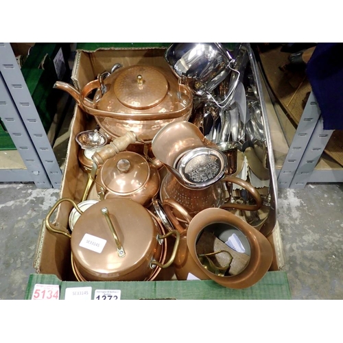 1373 - Metalware including a brass teapot. Not available for in-house P&P