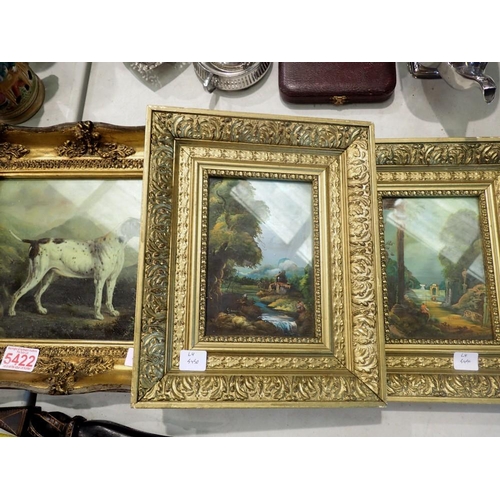 1385 - Gilt framed hound oleograph and two further pictures. Not available for in-house P&P