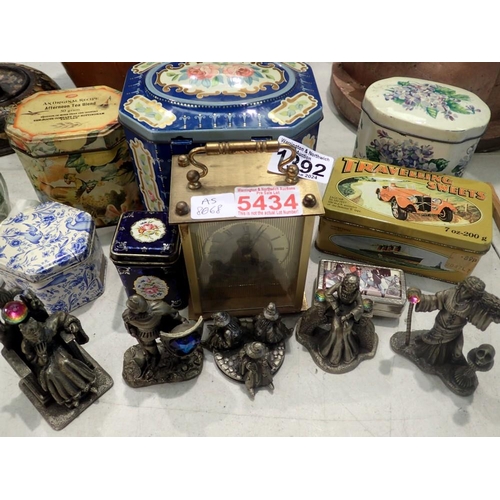 1392 - Seven vintage tins, five Mark Locker figurines and a carriage clock. Not available for in-house P&P