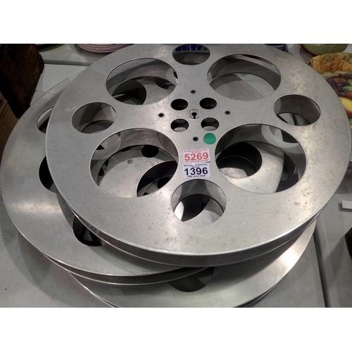 1396 - Three 18.5inch aluminium 35mm film reels by Hollywood Film Co & GB. Not available for in-house P&P