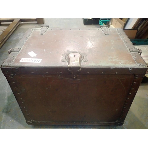 1477 - Large wooden chest with leather handles, 52 x 47 cm H. Not available for in-house P&P